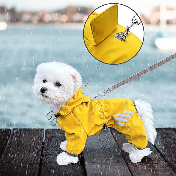 Dog Raincoat, Waterproof Dog Rain Jacket with Hood, Dog Rain Coat with Leash Hole, Reflective Strap for Small Medium Dogs, Lightweight Puppy Clothes(Yellow,M)