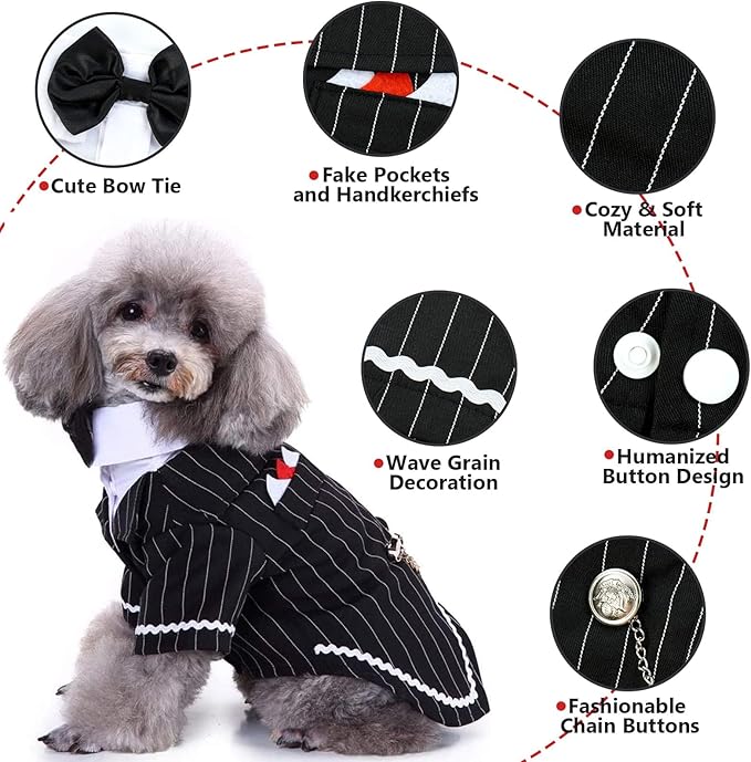 QBLEEV Dog Tuxedo Suit with Bow Tie, Formal Black & White Striped Dog Costume Outfit, Doggy Tux Prince Dress for Wedding Party Birthday Holiday, Elegant Dogs Attire for Chihuahua Yorkie Shih Tzu