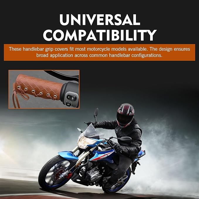 2 PCS Motorcycle Leather Handlebar Grip Covers, 4.5" x 4.4" PU Leather Anti-Slip Wrap-Around Handle Protectors with Adjustable Strap, Universal Motorcycle Modification Accessories (Brown)