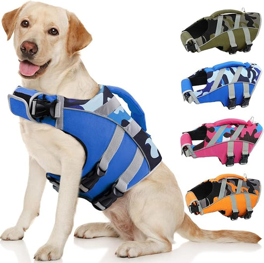 Kuoser Dog Life Jacket with Reflective Stripes, Dog Life Vest for Swimming Boating, Adjustable Pet Lifejackets with High Flotation, Doggie Swimsuit for Small Medium Large Dogs