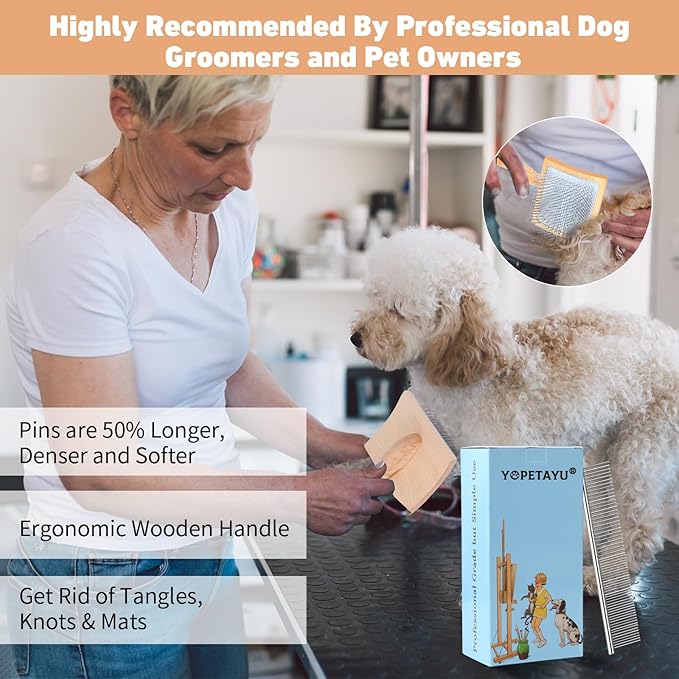 Dog Slicker Brush for Goldendoodles, Poodles & Long Haired Dogs - Long Pin Doodle Brush & Pet Comb Kit Removes Tangles Loose & Knots, Professional Grooming Tools with Wooden Handle, Natural
