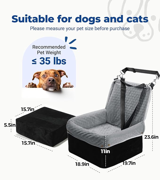 Dog Car Seat for Small Medium Dogs, Travel Pet Car Bed with Removable Waterproof Cover, Memory Foam Dog Booster Seats Up to 35 lbs, Safety Belt and Storage Pocket(Gray)