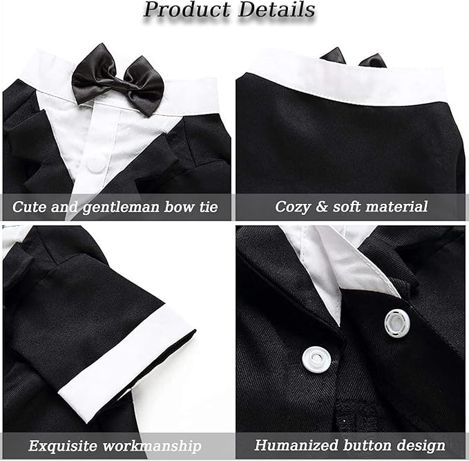Dog Shirt Puppy Clothes, Pet Wedding Suit Formal Tuxedo with Black Bow Tie, Pet Outfit for Small Medium Dogs Cats, Pet Weding Attire Dress Up Cosplay Prince Costume Gentleman Apparel (Black, X-Large)