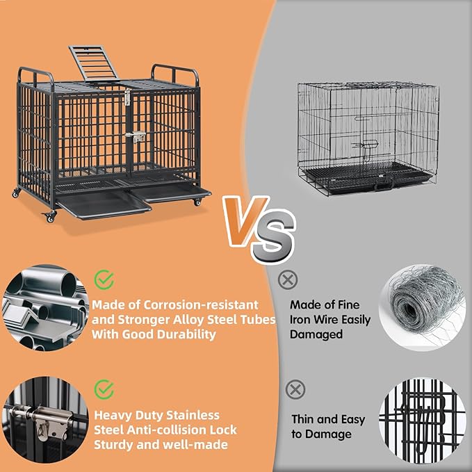 Lauren&Harold Heavy Duty Dog Crate for Medium/Small Dogs, Metal Dog Kennel Indoor with Top Door&Feed Door, Easy-to-Clean Dog Cage with Removable Tray&Wheels (42" L x27.5 W x 33" H(Medium))