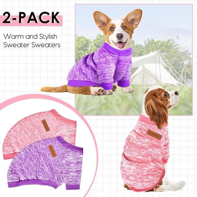 2 Pack Dog Sweaters for Small Dogs Girl Boy Winter Fleece Clothes Warm Soft Dog Sweatshirt Outfit for Dogs Cats Pet Apparel (Pink+Purple, XL (Back: 17.7",Chest: 22.8", 18-22Ibs))