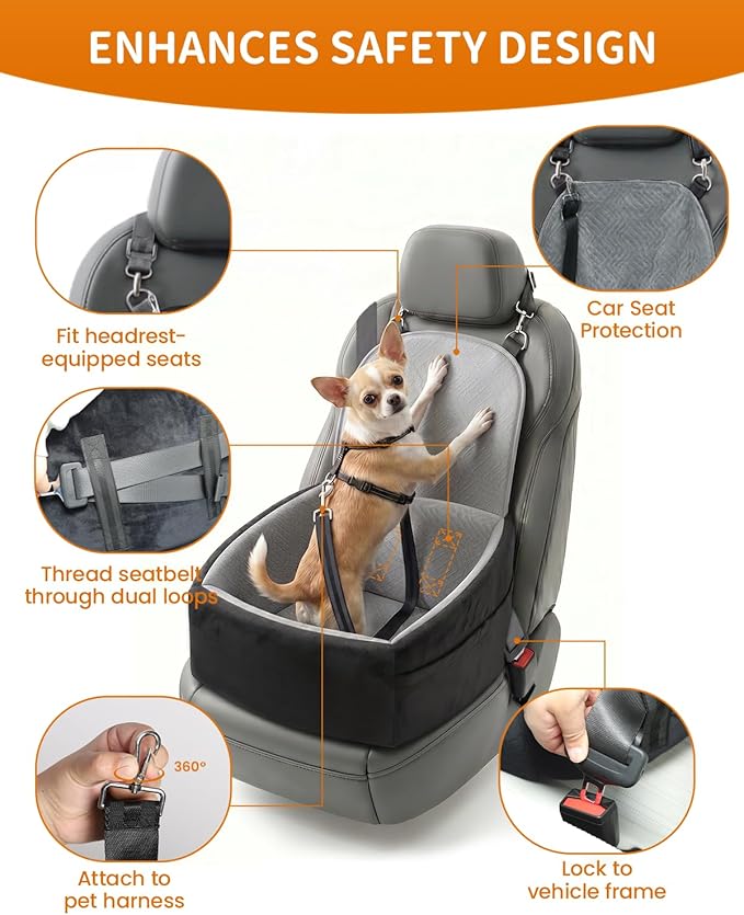 NUPIDA Dog Car Seat for Small Dogs, Dog Booster Seat with Extendable Backrest, Pet Car Seats up to 30 lbs, Washable Removable Cover Travel Bed with Storage Pockets and 2 Safety Leashes, Black&Grey