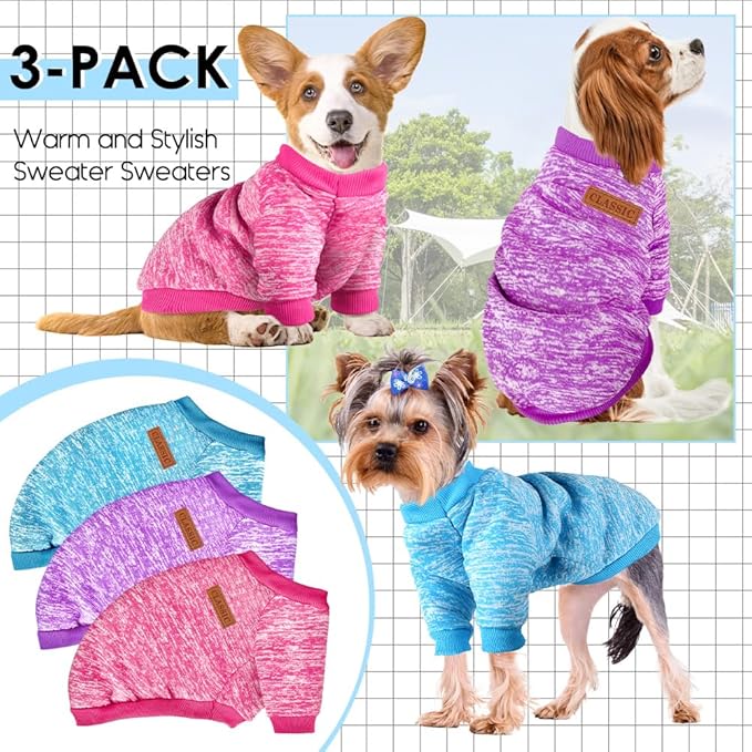 3 Pack Dog Sweaters for Small Dogs Girl Boy Winter Fleece Clothes Warm Soft Dog Sweatshirt Outfit for Dogs Cats Pet Apparel