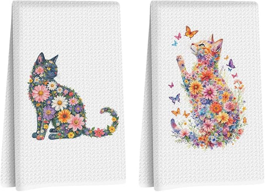 2 Pcs Flower Cat Kitchen Towels, Floral Cat Hand Towel for Bathroom Decor, Kitten Dish Tea Towel for Kitchen Home Bathroom Decor, Pet Gifts for Kitten Lovers Women Girls, 24x14 Inch