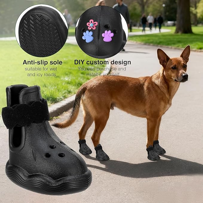 Dog Shoes for Hot Pavement and Snow - Waterproof, Non-Slip, Breathable Booties with Adjustable Straps for Small Medium, and Large Dogs (Black, L)