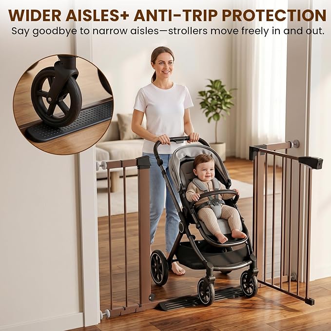 Baby Gate with Door, 26-40" Auto Close Dog Gate Indoor for Stairs Doorways, Easy Install Pressure Mounted Pet Gate, Easy Walk Through Child Safety Gate for the House, Brown