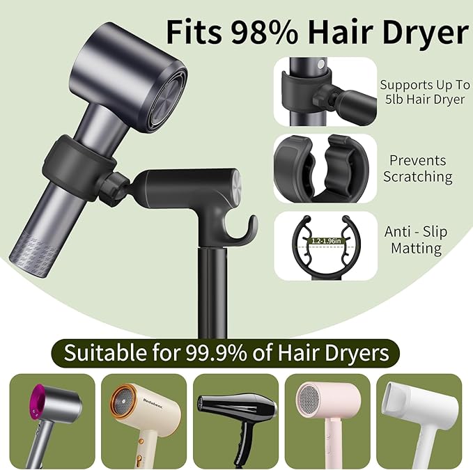 Hair Dryer Stand Hands Free With Anti-Slip Stable Base, Aluminum Alloy ,Adjustable Height 17 - 51 Inch,Blow Dryers Hairdryer Holder for Families & Pet Grooming & Salon Use Hair Dryer Holder（Black）