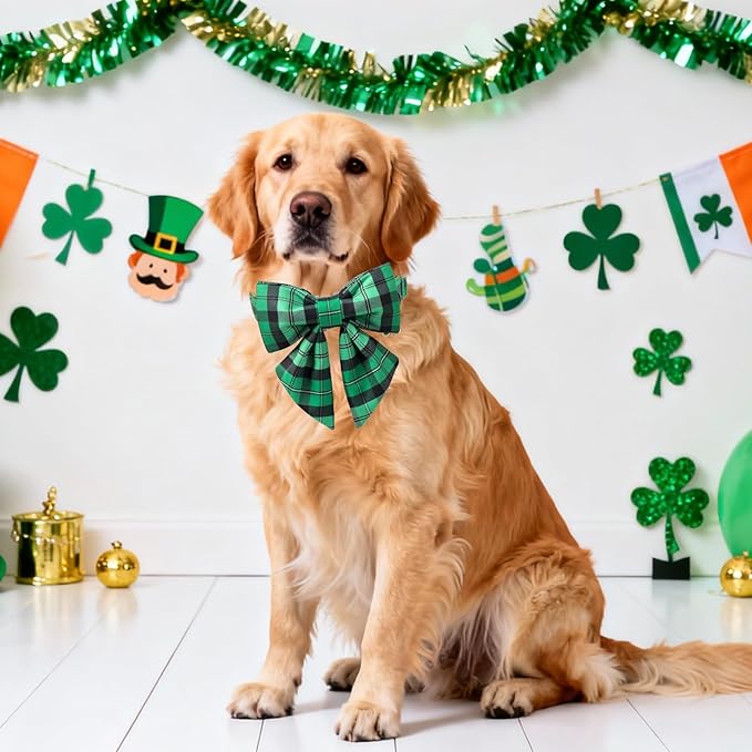 DOGWONG St. Patrick's Day Dog Collar with Sailor Bowtie, Green Plaid Bowtie Dog Collar for Small Medium Large Dogs,XS