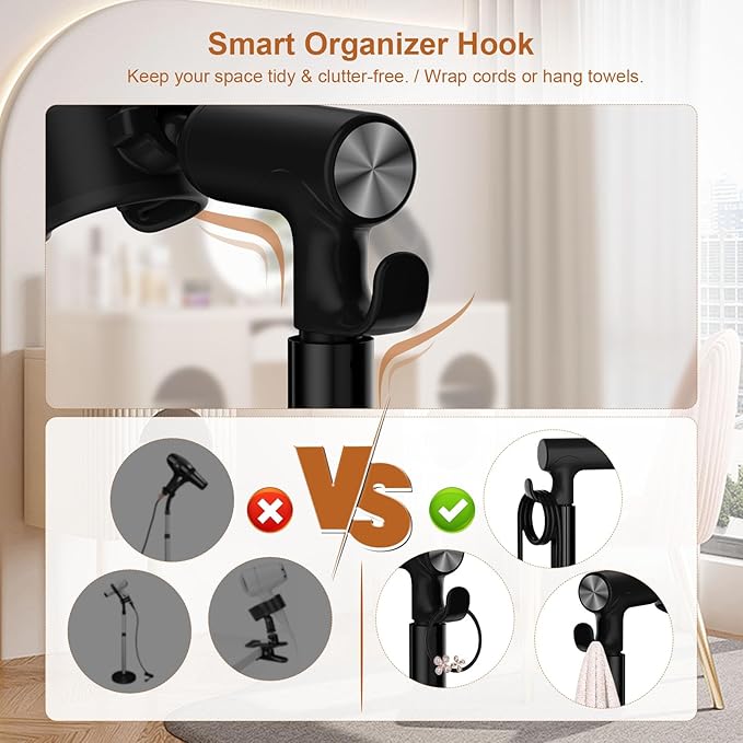 Mistriddle Hands Free Hair Dryer Holder Floor Stand, Adjustable Height (17.2"-51"), Universal Clip with TPU Protection & Organizer Hook, Stable Aluminum Base Blow Dryer Stand Hands Free(Black)