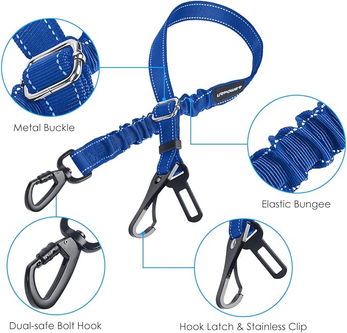 URPOWER 3-in-1 Dog Seat Belt for Car, 2 Pack Adjustable Bungee Dog Car Harness with Seatbelt Buckle & Latch Hook, Reflective & 360° Swivel Heavy Duty Pet Safety Belts for Dogs and Cats