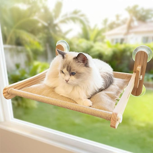 Foldable Cat Window Perch - Natural Pine Cat Sill Seat, 45LBS Heavy Duty Cordless Design, Space-Saving No-Scratch Window Hammock for Indoor Cats