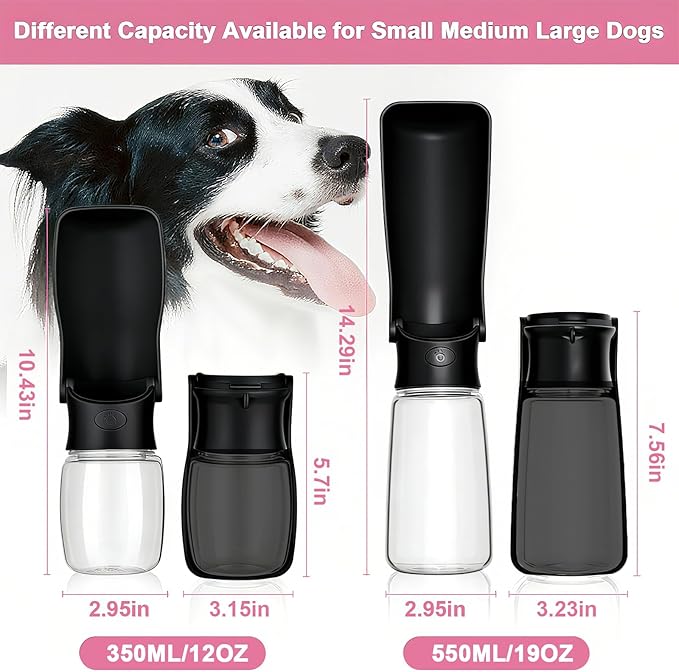 Portable Dog Water Bottle, Foldable Dog Water Bottle Leak Proof Dispenser for Puppy Small Medium Large Dogs, Pet Drink Cup for Walking Hiking Traveling(Black,19oz)