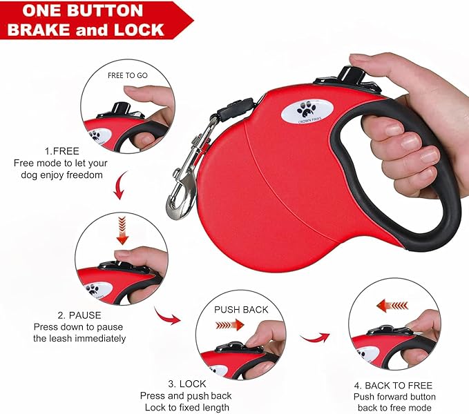 13 ft Retractable Dog Leash for Large Dogs up to 26 lbs,Tangle-Free Nylon Tape,Red S