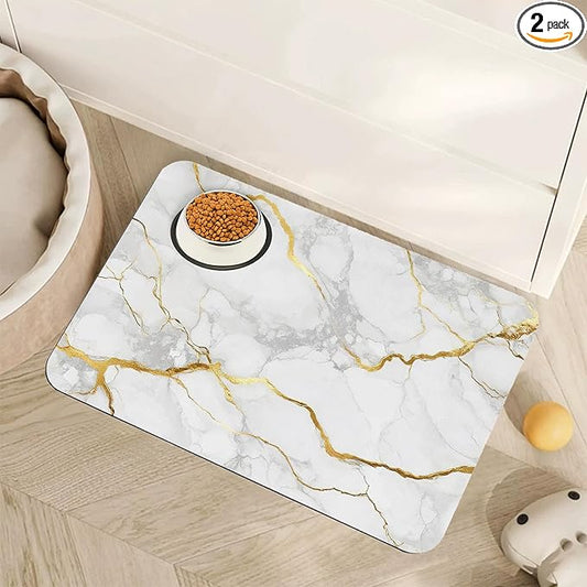 Marble Dog Food Mat for Floors,White Gold Marble Absorbent Quick-Dry Pet Feeding Mat,Cat Dog Bowl Mats for Food and Water,Non-Slip Pet Accessories Supplies 12"x20"