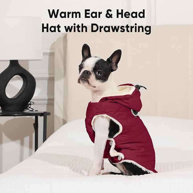 Vecomfy Fleece Lining Dog Hoodie with Harness Built in,Extra Warm Small Dog Jacket in Winter Puppy Coats with Drawstring Hooded,Red M
