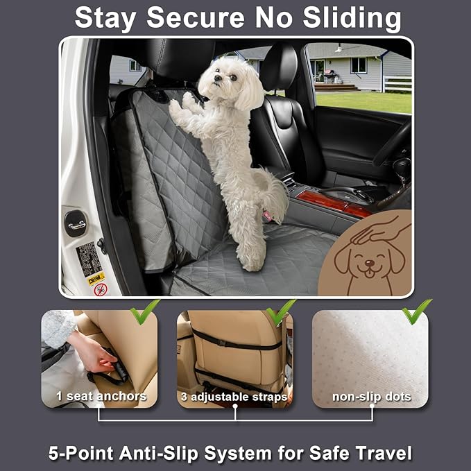 Dog Car Seat Cover Front Seat - Waterproof and Non-Slip, Heavy-Duty Pet Seat Protector with Side Flaps, Full Protection for Front Bucket Chairs on Cars SUVs Trucks (Grey, Standard Front)