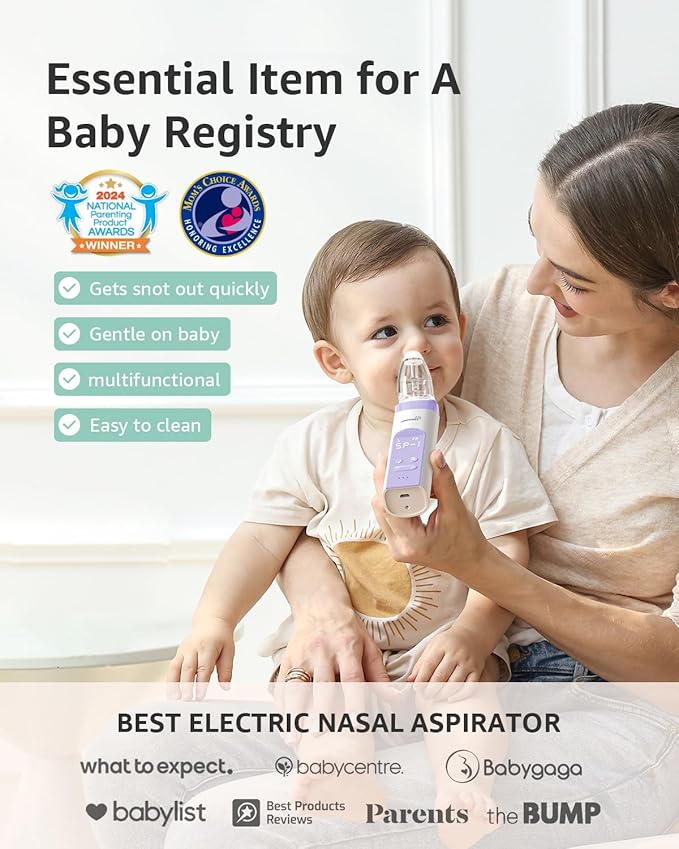 GROWNSY Nasal Aspirator for Baby, Electric Baby Nose Sucker, Automatic Nose Cleaner with Larger Suction Chamber and More Powerful Suction, Music and Light Soothing Function, Purple