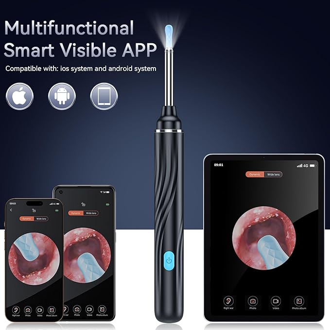 Tomaje Ear Wax Removal Tool Camera, Ear Cleaner with Camera, Ear Wax Removal Kit, 1080P HD Ear Camera, Earwax Removal Kit with Camera and 6 LED Light, 6 Ear Pick & Ear Set for iOS & Android, Black
