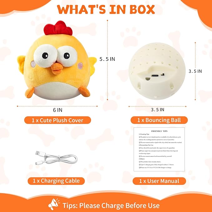 Interactive Dog Toy Ball for Small Dogs, Rechargeable Chicken Bounce Ball with Upgrade Removable Zipper for Large Dogs, Squeaky Move Jump Toy for Pets Keep Busy, No Loud Music (Yellow Chicken)