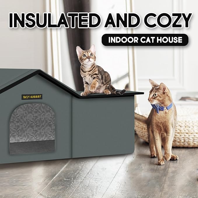 Rest-Eazzzy Cat House for Outdoor Cats, Weatherproof and Insulated Feral Cat House with Mat and Clip, Easy to Put Together, Selfwarming Cat Shelter for Summer(Grey, Waterproof House-L)