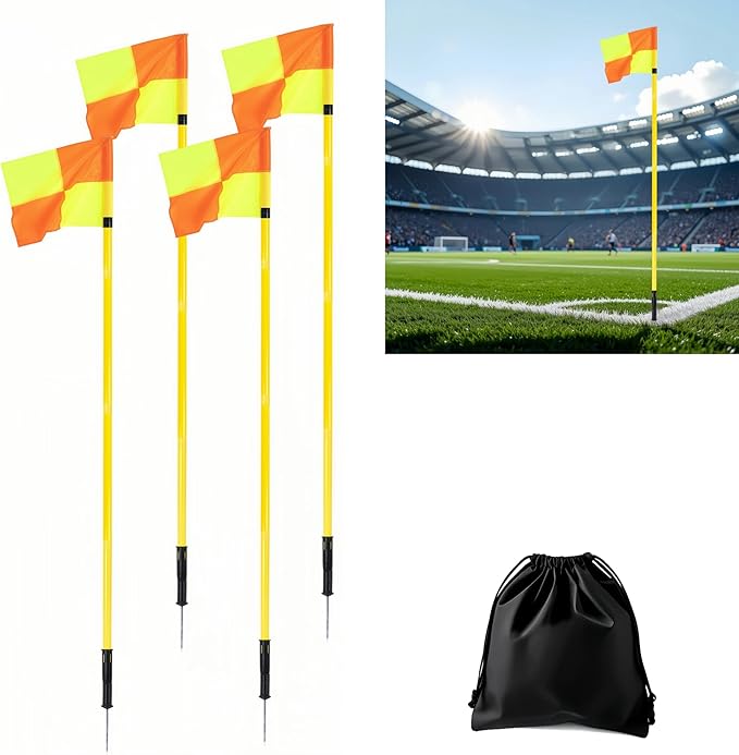 Soccer Corner Flags Set of 4 for Soccer Field, 5FT Agility Training Poles with Corner Flags,Speed and Agility Training Equipment for Sports Practice with Ground Spring Nails and Storage Bags(Yellow)