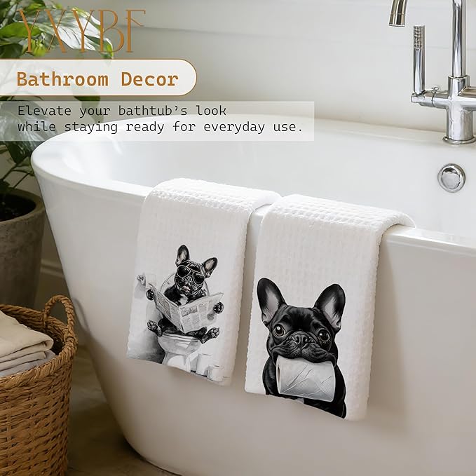 Funny French Bulldog Hand Towels for Bathroom Washroom Decor 16x24 Inches, Frenchie Gifts for Women Men, Funny Frenchie Dog Bathroom Towels Decorative, Set of 2