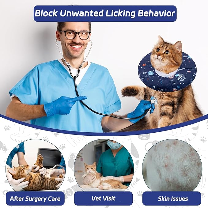 Seyezo Cat Cone Collar Soft, Adjustable Cat Cones to Stop Licking, Donut Kitten Spay Recovery Cone After Surgery, Elizabethan Protective Cone Recovery Cats Collar Alternative(Planet, S)
