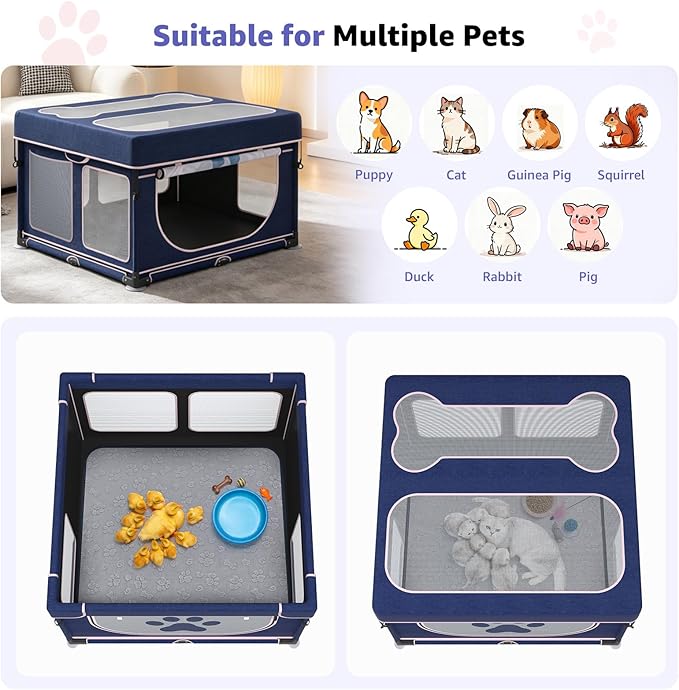 LOOBANI Foldable Whelping Box for Dogs and Puppies: 1 Min Setup Pet Puppy Playpen Indoor with Cover & Waterproof Bottom, Portable Birthing Box for Dog Cat Duck-43.3"x43.3"x27.1"│Patented (Blue+Pink)