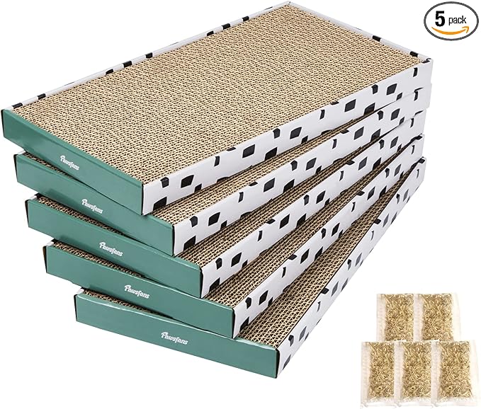 PAWSFANS Cat Scratcher Cardboard Scratch Pad with Box Durable Corrugate Scratching Board Kitty Sofa Lounge Bed Reversible Catnip Included for Indoor Cats,Large (Box, 5pcs)