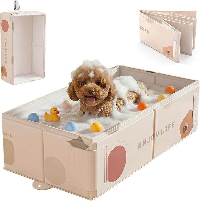 Collapsible Pet Bathtub with Side Drain Plug,Easy Hanging, Foldable Portable Tub for Dogs Bath, Non-Slip Rigid Waterproof Dog Bath Tub for Home, for Small Dogs, Medium Dogs & Cats (Apricot2)