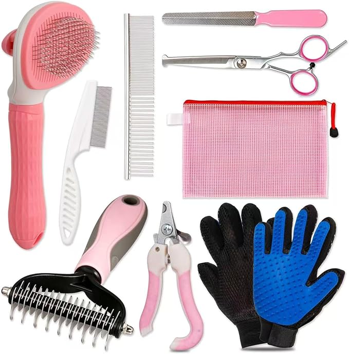 Specialized Dogs Grooming Set for Shedding Season, 10-Piece Set, Including Pet Nail Clippers, Nail Files, a Flea Comb, Grooming Gloves, and a Comb Set; Suitable for Cats and Dogs (Pink)