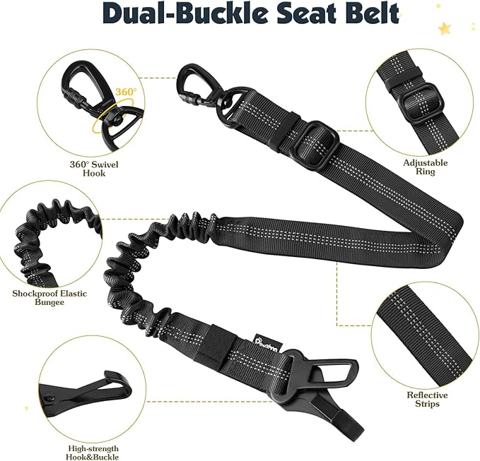 Pawaboo Dog Seat Belt Harness for Car, Dog Car Harness Seatbelt with Double Clips, Adjustable Breathable Pet Vest & Dogs Safety Tether with Elastic Bungee for Small Medium Large Pet, M, Black