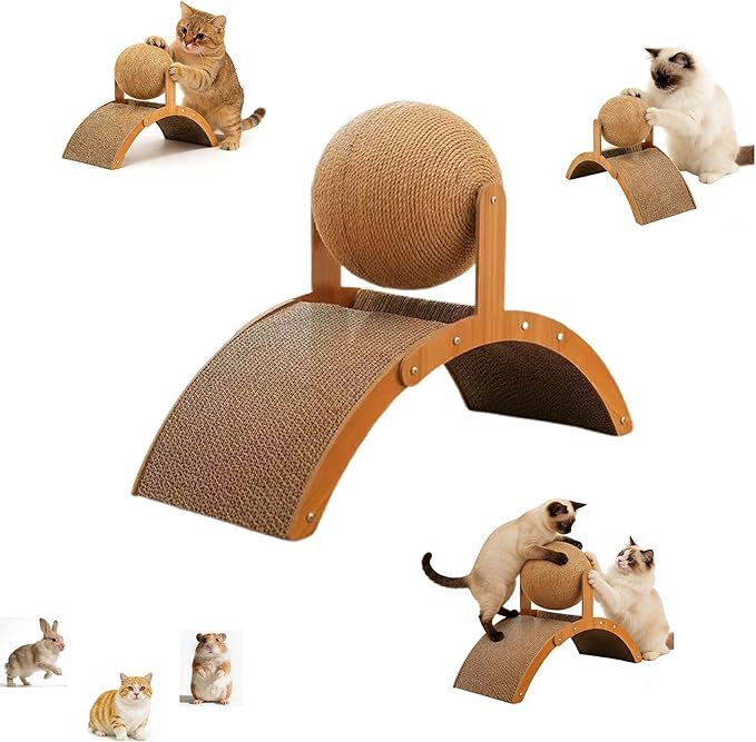 Cat Scratcher with Sisal Ball & Tunnel Toy, Dual-Surface Furniture Protector for Cats, Chinchillas, Hamsters, Rabbits - Stable Wide-Base Arch Design(Not for Large Cats)