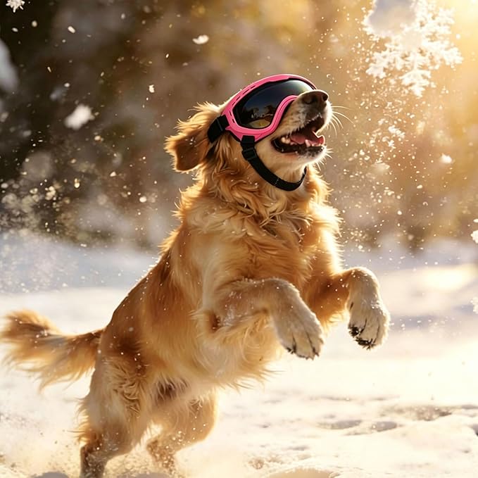 Dog Goggles for Medium to Large Breeds, UV Protection Dog Sunglasses with PC Lens, Soft TPU Frame and Adjustable Straps, Windproof Dustproof Anti-Fog Pet Eyewear for Outdoor Activities (Pink Frame)