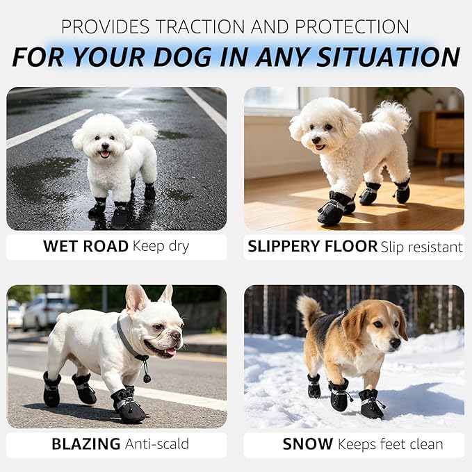 SCENEREAL Dog Shoes for Hot Pavement Hardwood, Reflective Non-Slip Dog Boots & Paw Protectors for Small Medium Dogs, Summer Heat Boots Resistant Waterproof Soft Outdoor Walking Indoor, Black Size 4