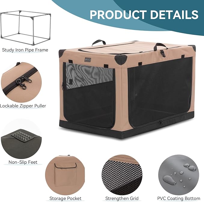 PETSFIT 40" Soft Portable Dog Crate – Patented Spiral Sturdy Frame, Collapsible Travel Kennel for Large Dogs, 3 Mesh Door, Lockable Zippers, Indoor & Car Use Khaki