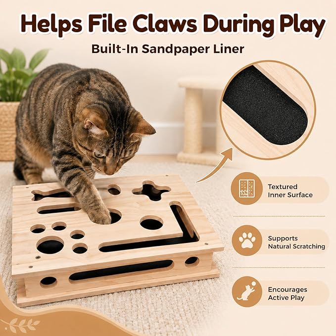 Large Cat Nail File Box for Cats, Wooden Cat Scratch Puzzle Enrichment Box with Sandpaper Liner, Feather Wand & 3 Balls, Interactive Cat Toy for Indoor Cats
