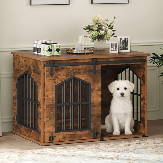 MAHANCRIS Dog Crate Furniture, 31.5" Farmhouse Dog Kennel with Sliding Barn Door, Wooden Dog Cage for Small Medium Dogs, Decorative Pet House Side End Table, Chew-Resistant, Rustic Brown DCHR9601