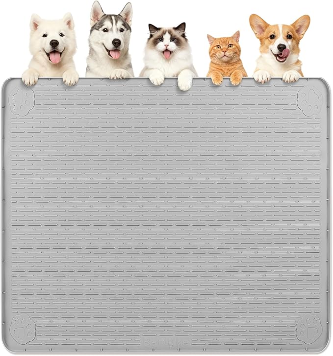Dog Food Mat, Extra Large 40" x 40" Silicone Pet Feeding Mat with Raised Edge Pet Placemat for Small, Medium, and Large Pets Non-Slip, Easy to Clean (Light Grey)