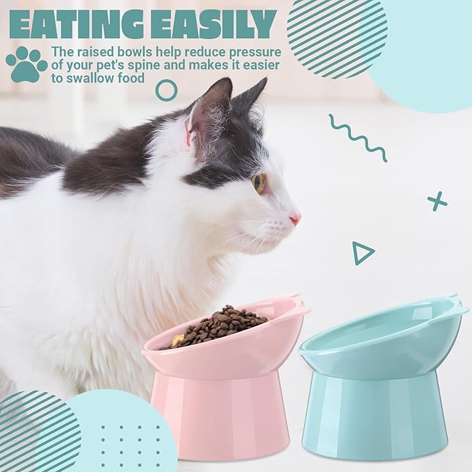 Zhehao 2 Pcs Elevated Cat Bowl Set, Tilted 15° Plastic Raised Food and Water Bowls Anti Vomit Pet Feeding Dishes for Indoor Cats/Small Dogs(Cat Ears,Light Green, Red)