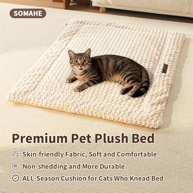 SOMAHE Cat Beds Flat Cat Bed Mat, Premium Plush Cat Mat with Non-Slip Bottom, 1.2" Thick All-Season Kneading Cushion, Machine Washable Anti-Static Pet Bed 15×23Inch, Milk