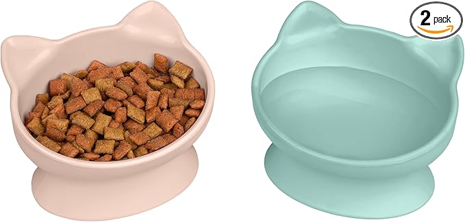 Kitty City Elevated Cat Bowls (Set of 2), Whisker-Friendly Raised Cat Food & Water Dishes, Modern Pedestal Design, Dishwasher Safe, 6.5 oz Each – Pink & Teal