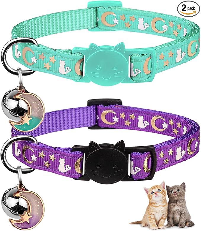 Baeuppit 2PCS Breakaway Cat Collars with Bell Moons Stars Cute Kitty Adjustable Safe Kitten Collars with Pendant Glow in The Dark(Purple&Teal)