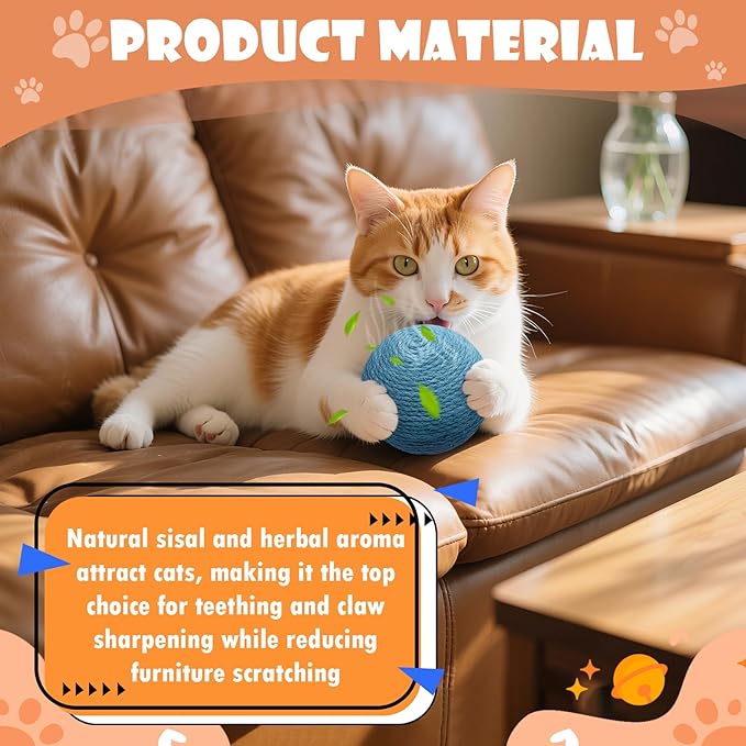 3.94 inch Sisal Cat Ball Toy, Interactive Natural Cat Scratching Ball, Perfect Scratcher for Cats' Exercise and Fun (Blue)