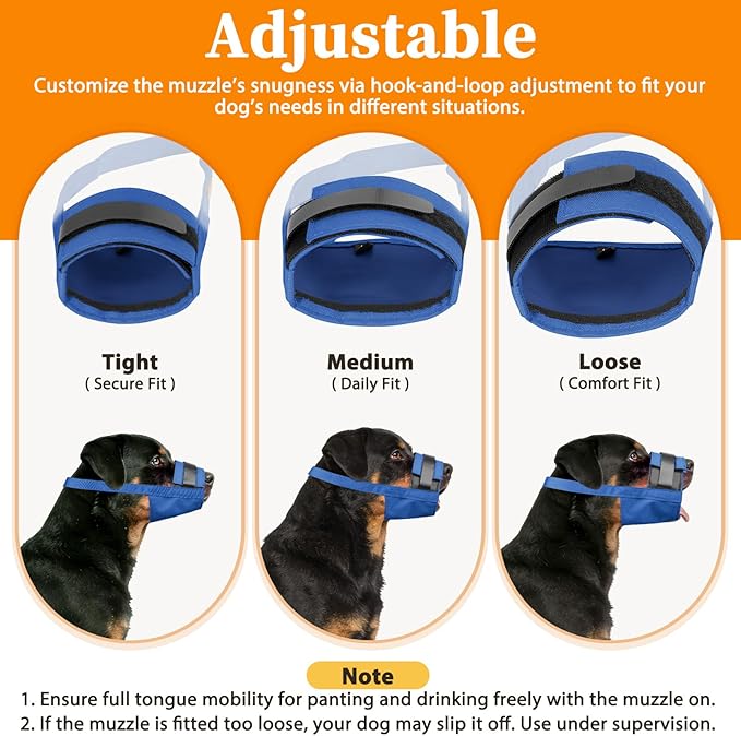 Mayerzon Dog Muzzle for Large Medium Small Dogs, Adjustable Fit, Soft & Sturdy Fabric, Prevents Fierce Barking Biting Chewing, Ideal for Grooming Walking Vet Visits, Allows to Pant Drink (Blue, M)