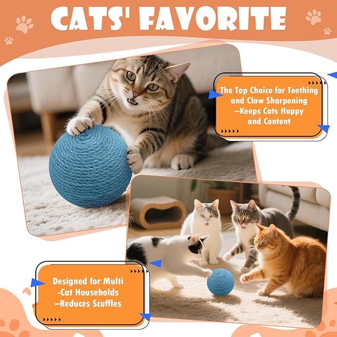 3.94 inch Sisal Cat Ball Toy, Interactive Natural Cat Scratching Ball, Perfect Scratcher for Cats' Exercise and Fun (Blue)